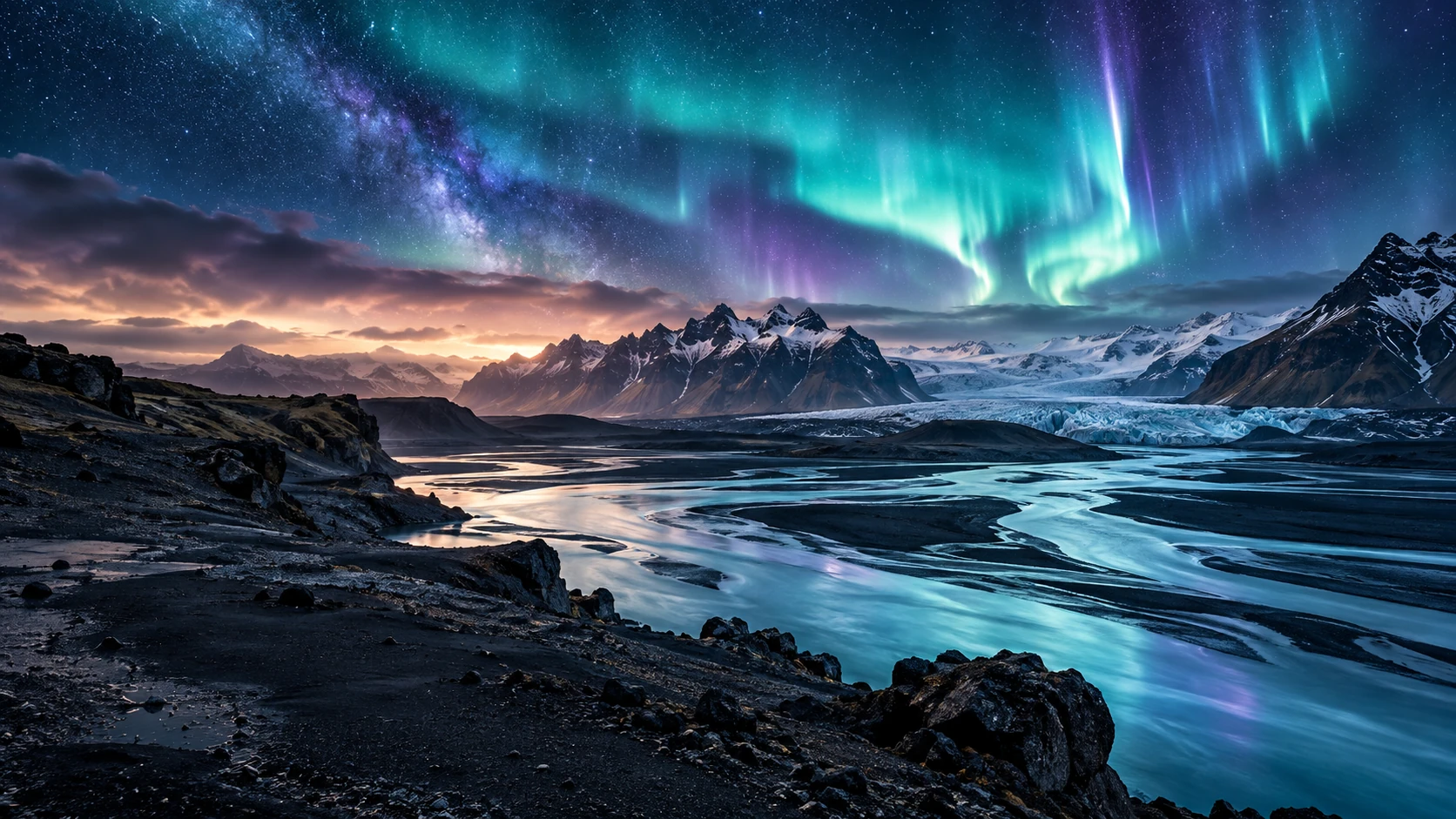 Aurores boréales au-dessus d’un paysage volcanique et d’une rivière glaciaire